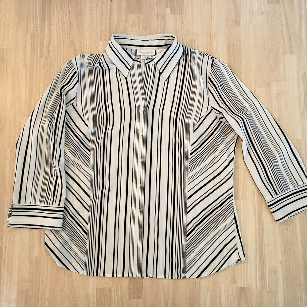 Worthington Stretch Easy Care Pinstripe Button Up Collard Long Sleeve Top Size L